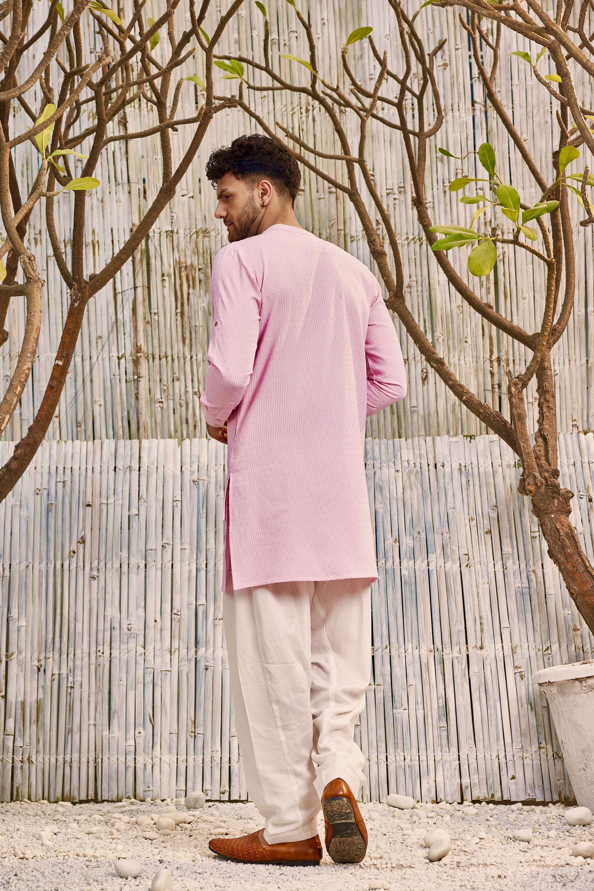Diagonal Kurta with Salwar - Set of 2 - Pink at Kamakhyaa by Charkhee. This item is Cotton, Dobby Cotton, Festive Wear, Kurta Salwar Sets, Mens Co-ords, Menswear, Natural, Pink, Regular Fit, Shores 23, Textured