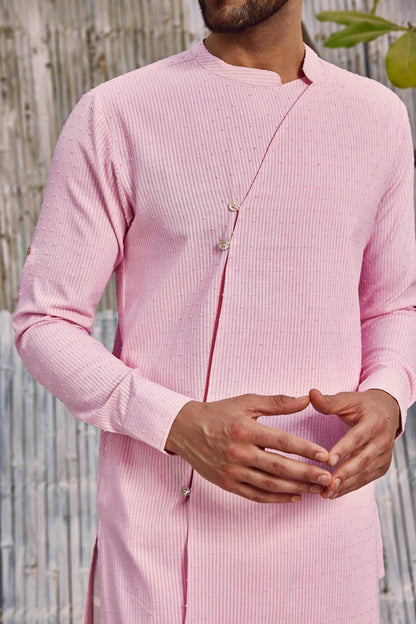 Diagonal Kurta with Salwar - Set of 2 - Pink at Kamakhyaa by Charkhee. This item is Cotton, Dobby Cotton, Festive Wear, Kurta Salwar Sets, Mens Co-ords, Menswear, Natural, Pink, Regular Fit, Shores 23, Textured