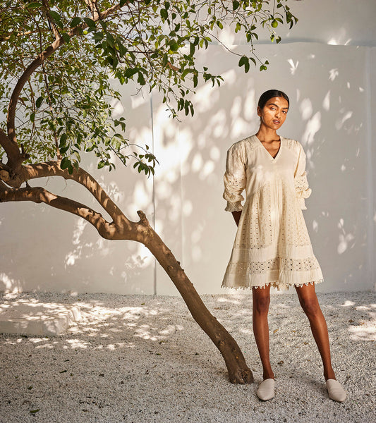 Dreaming of you dress at Kamakhyaa by Khara Kapas. This item is Best Selling, Casual Wear, For Birthday, Mini Dresses, Off-White, Oh! Sussana Spring 2023, Organic, Regular Fit, Schiffli Cotton, Solids, Womenswear