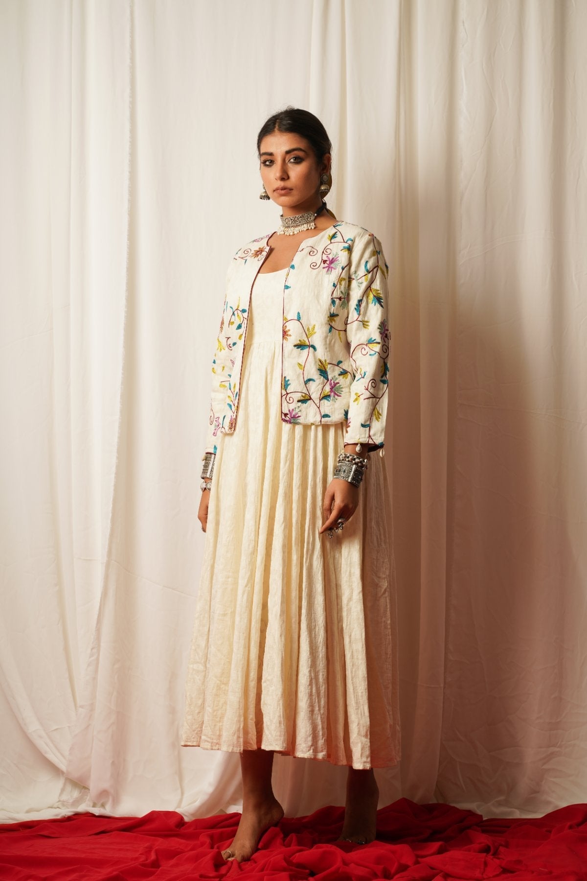 Dress And Jacket - Set Of Two at Kamakhyaa by Keva. This item is Co-ord Sets, Cotton Lurex, Dress Sets, Embroidered, Jackets, Midi Dresses, Natural, Relaxed Fit, Resort Wear, Tatriz, White, Womenswear
