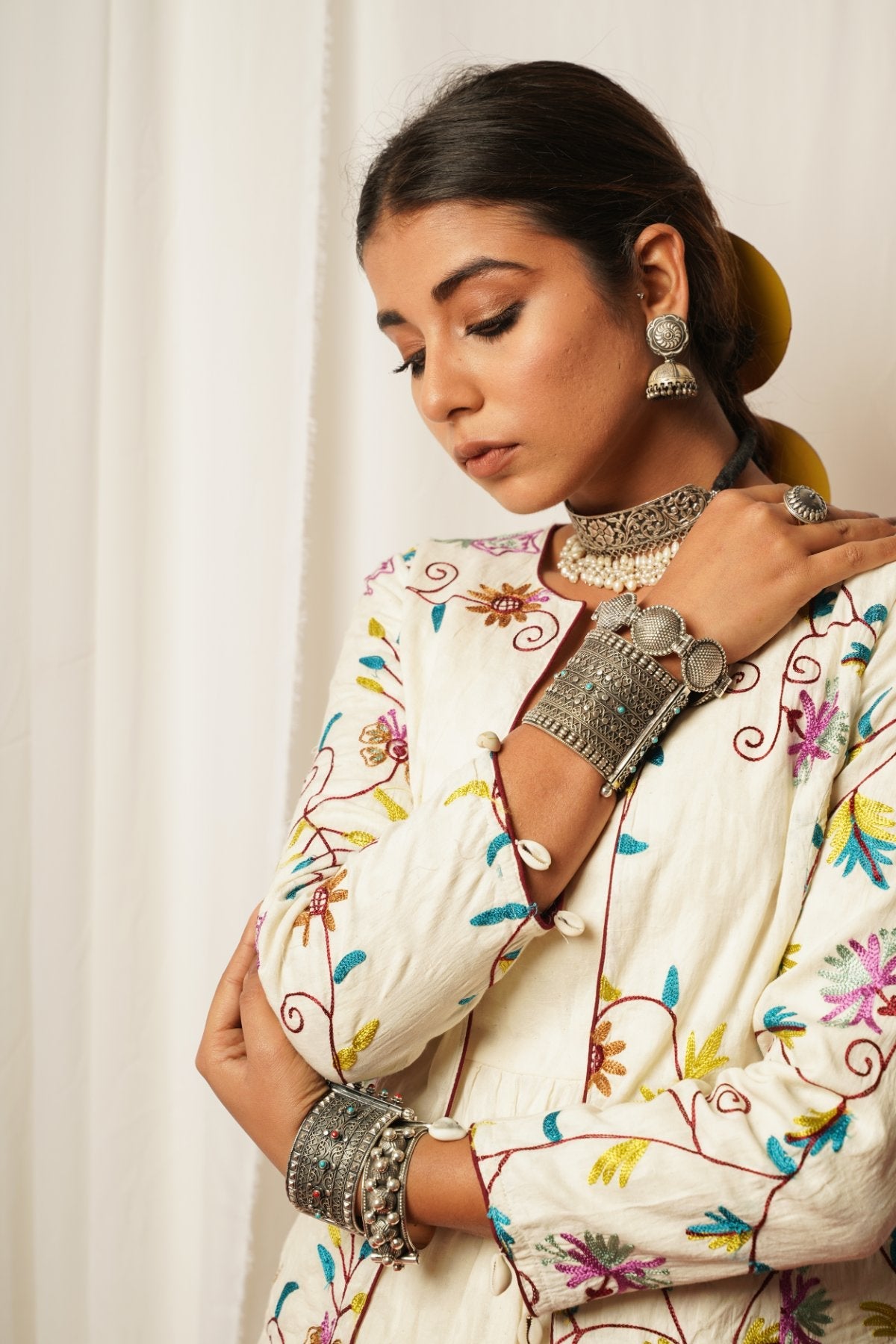 Dress And Jacket - Set Of Two at Kamakhyaa by Keva. This item is Co-ord Sets, Cotton Lurex, Dress Sets, Embroidered, Jackets, Midi Dresses, Natural, Relaxed Fit, Resort Wear, Tatriz, White, Womenswear