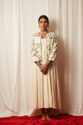 Dress And Jacket - Set Of Two at Kamakhyaa by Keva. This item is Co-ord Sets, Cotton Lurex, Dress Sets, Embroidered, Jackets, Midi Dresses, Natural, Relaxed Fit, Resort Wear, Tatriz, White, Womenswear