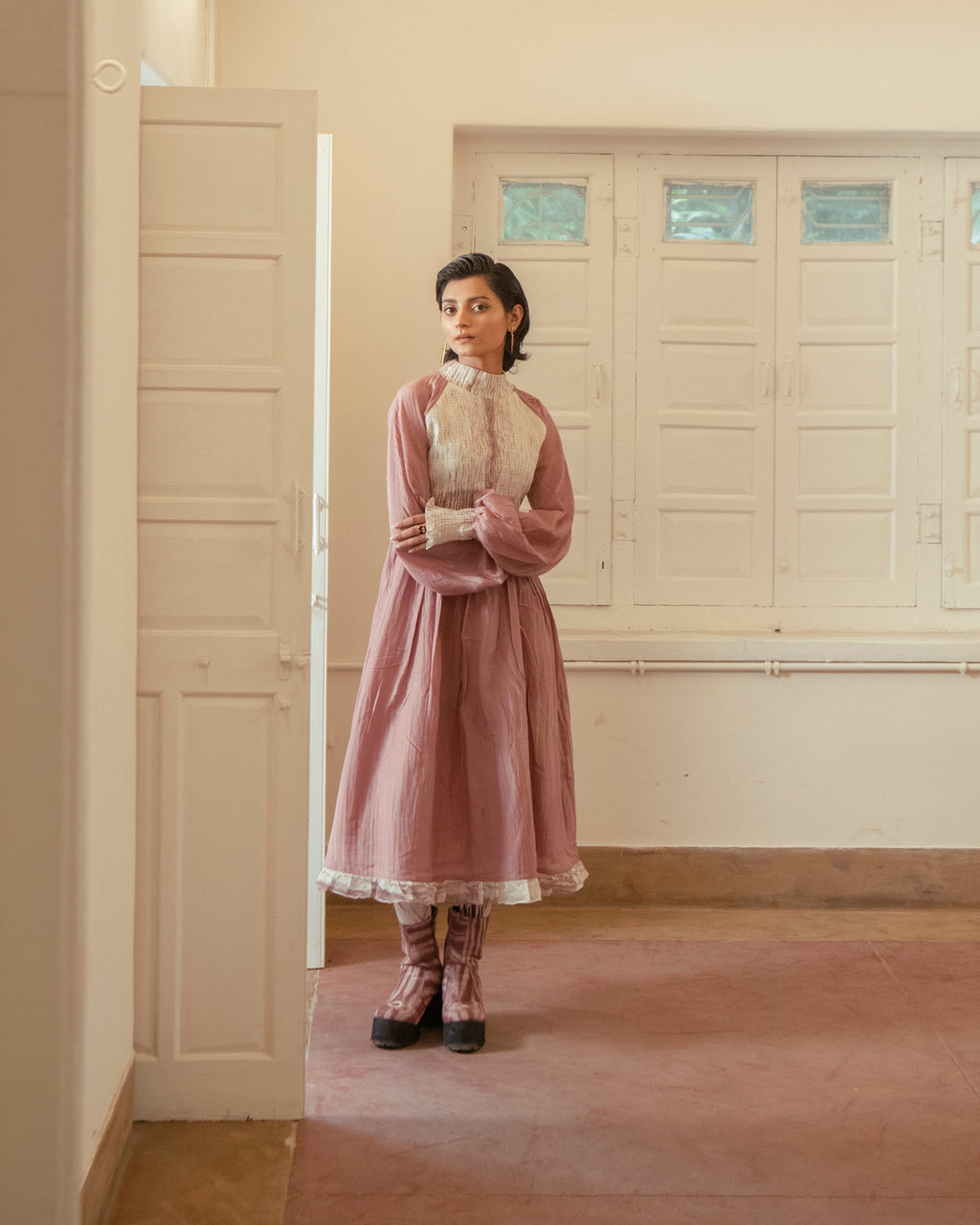 Dusty Blush at Kamakhyaa by The Loom Art. This item is Casual Wear, Chanderi Organza Silk, Fitted At Waist, July Sale, July Sale 2023, Lucid Dreams, Luicid Dream, Midi Dresses, Organic, Pink, Solids, Womenswear