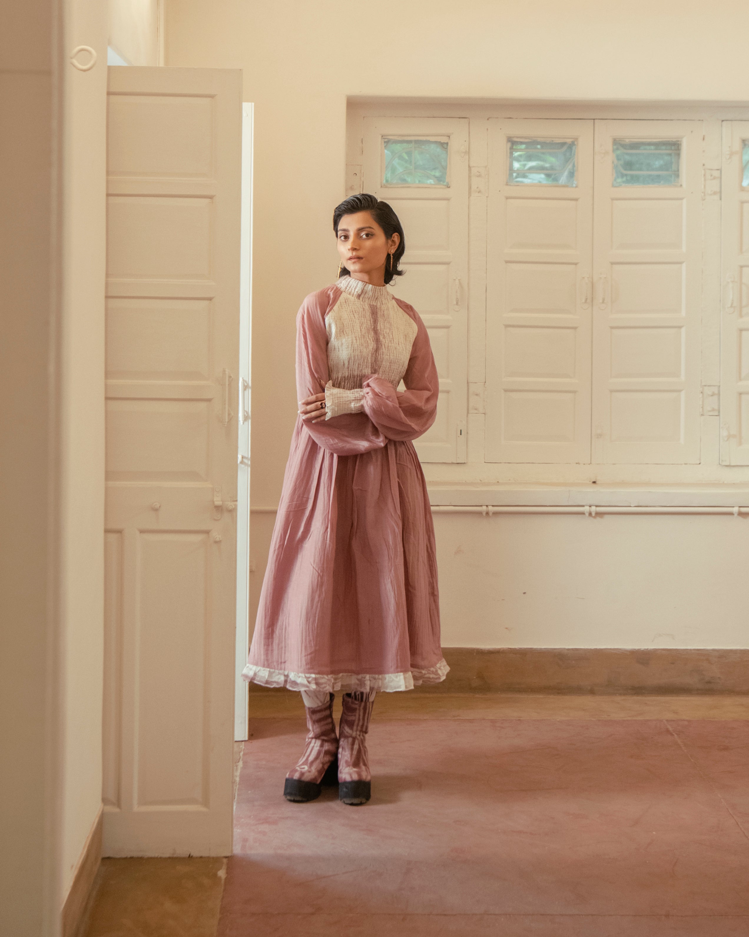 Dusty Blush at Kamakhyaa by The Loom Art. This item is Casual Wear, Chanderi Organza Silk, Fitted At Waist, July Sale, July Sale 2023, Lucid Dreams, Luicid Dream, Midi Dresses, Organic, Pink, Solids, Womenswear