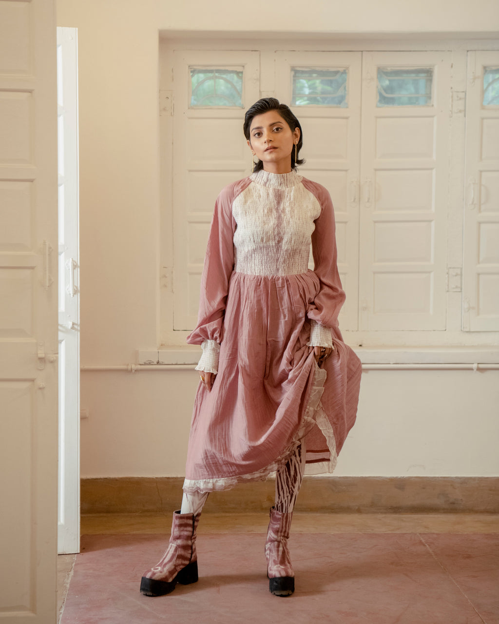 Dusty Blush at Kamakhyaa by The Loom Art. This item is Casual Wear, Chanderi Organza Silk, Fitted At Waist, July Sale, July Sale 2023, Lucid Dreams, Luicid Dream, Midi Dresses, Organic, Pink, Solids, Womenswear