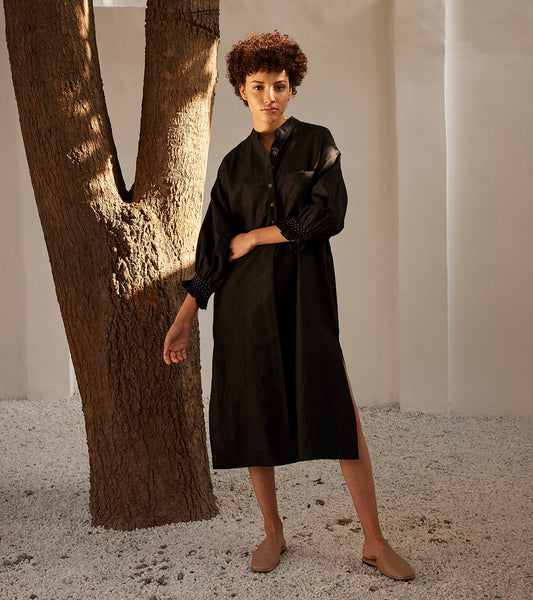 Eclipse Dress at Kamakhyaa by Khara Kapas. This item is Black, Casual Wear, Linen, Oh! Sussana Spring 2023, Organic, Relaxed Fit, Shirt Dresses, Shirts, Solids, Womenswear