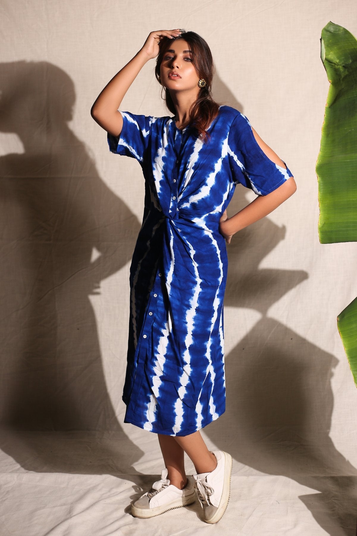 Electric Blue Knee Length Dress at Kamakhyaa by Keva. This item is Blue, Day Dream, Midi Dresses, Natural, Relaxed Fit, Resort Wear, Shirt Dresses, Tie & Dye, Womenswear