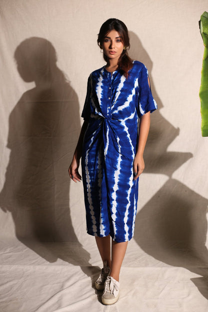 Electric Blue Knee Length Dress at Kamakhyaa by Keva. This item is Blue, Day Dream, Midi Dresses, Natural, Relaxed Fit, Resort Wear, Shirt Dresses, Tie & Dye, Womenswear