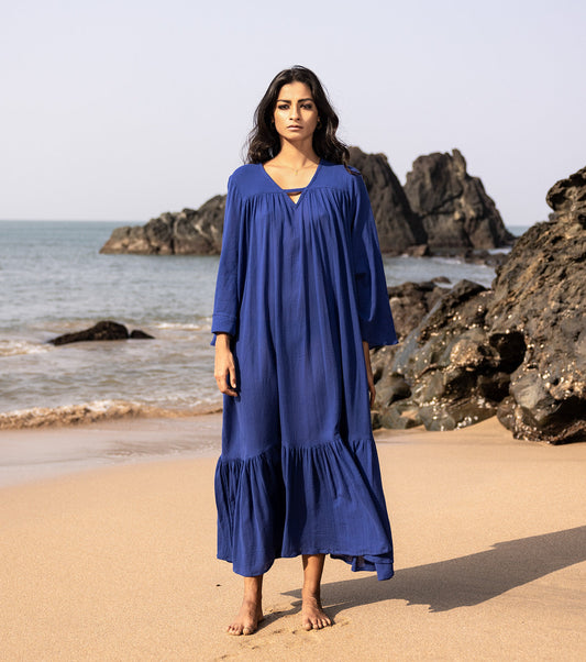 Electric Blue Midi Dress at Kamakhyaa by Khara Kapas. This item is Blue, Cotton, Midi Dresses, Natural, Oh Carol, Regular Fit, Resort Wear, Solids, Tiered Dresses, Womenswear