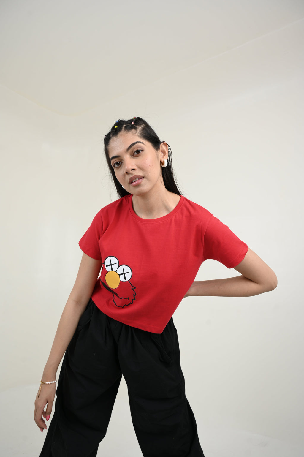 Elmo 100% Cotton Crop Red T-shirt at Kamakhyaa by Unfussy. This item is 100% cotton, Casual Wear, Crop Tops, Organic, Oversized Fit, Printed, Red, T-Shirts, Unfussy, Unisex, Womenswear