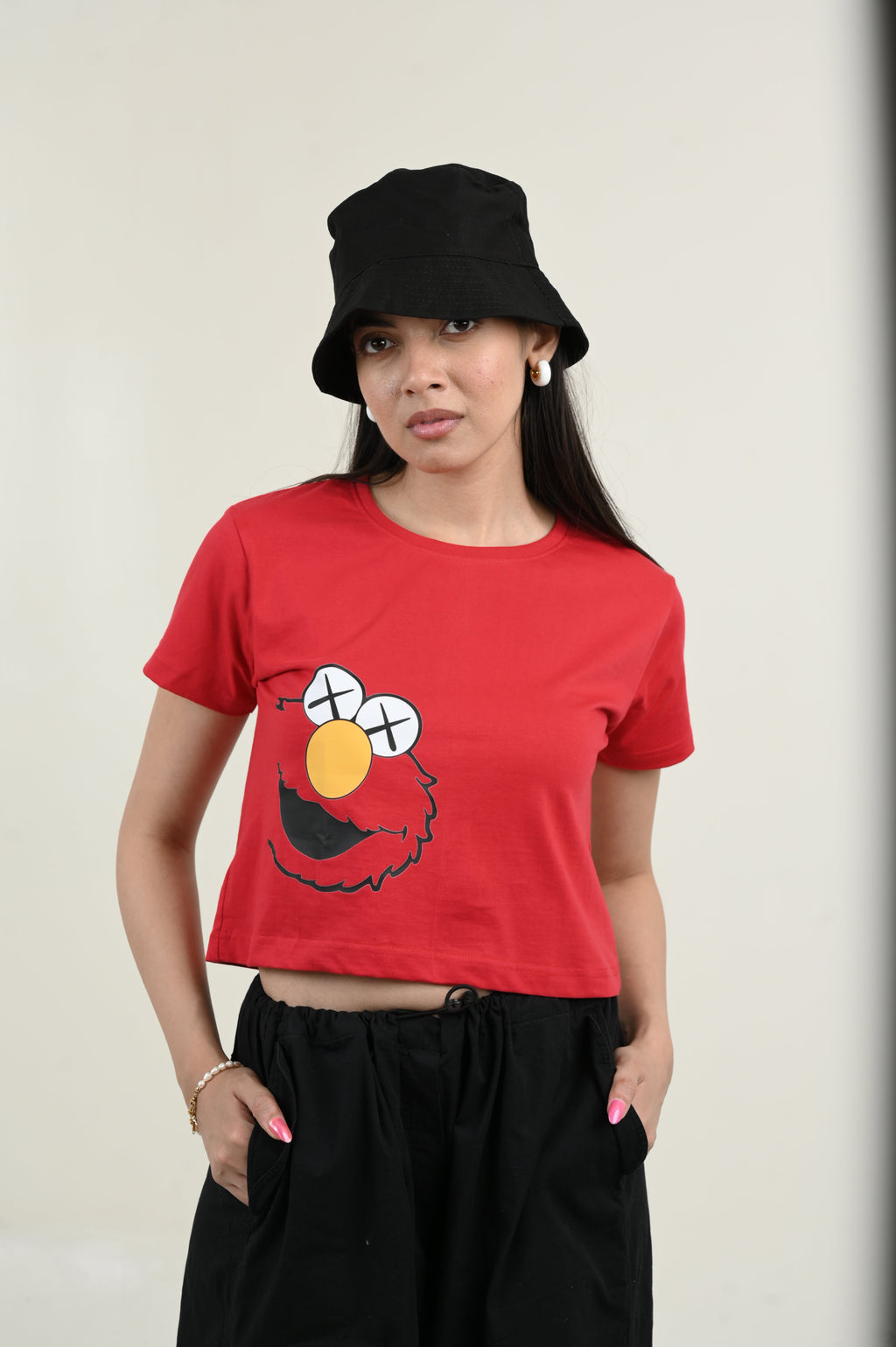 Elmo 100% Cotton Crop Red T-shirt at Kamakhyaa by Unfussy. This item is 100% cotton, Casual Wear, Crop Tops, Organic, Oversized Fit, Printed, Red, T-Shirts, Unfussy, Unisex, Womenswear
