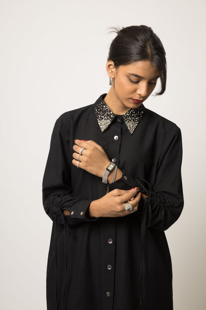 Embellished Collar Shirt Dress at Kamakhyaa by Anushé Pirani. This item is 100% Cotton, Black, Casual Wear, Embellished, Handwoven cotton, Shirt Dresses, Solids, The Festive Edit, Womenswear