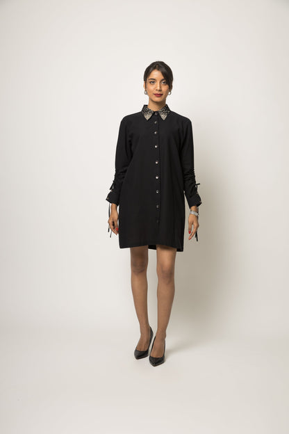 Embellished Collar Shirt Dress at Kamakhyaa by Anushé Pirani. This item is 100% Cotton, Black, Casual Wear, Embellished, Handwoven cotton, Shirt Dresses, Solids, The Festive Edit, Womenswear