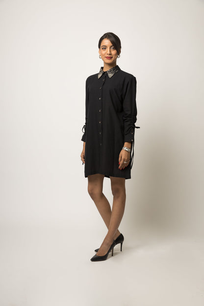 Embellished Collar Shirt Dress at Kamakhyaa by Anushé Pirani. This item is 100% Cotton, Black, Casual Wear, Embellished, Handwoven cotton, Shirt Dresses, Solids, The Festive Edit, Womenswear