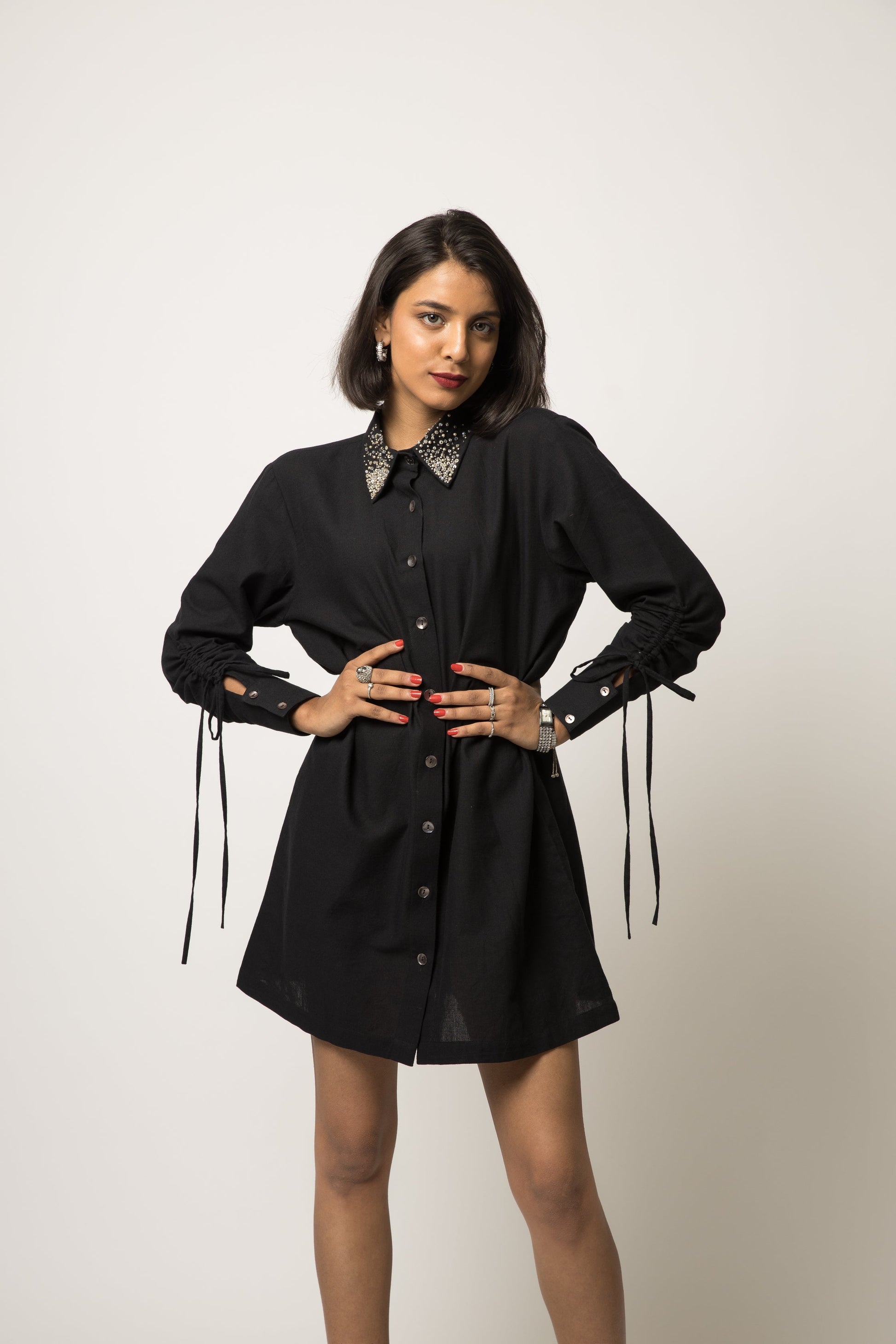 Embellished Collar Shirt Dress at Kamakhyaa by Anushé Pirani. This item is 100% Cotton, Black, Casual Wear, Embellished, Handwoven cotton, Shirt Dresses, Solids, The Festive Edit, Womenswear