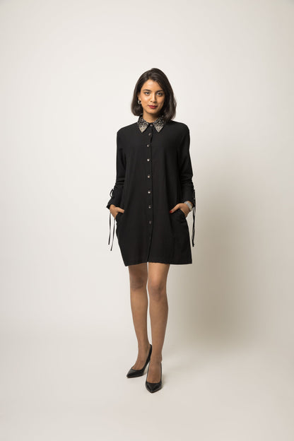 Embellished Collar Shirt Dress at Kamakhyaa by Anushé Pirani. This item is 100% Cotton, Black, Casual Wear, Embellished, Handwoven cotton, Shirt Dresses, Solids, The Festive Edit, Womenswear