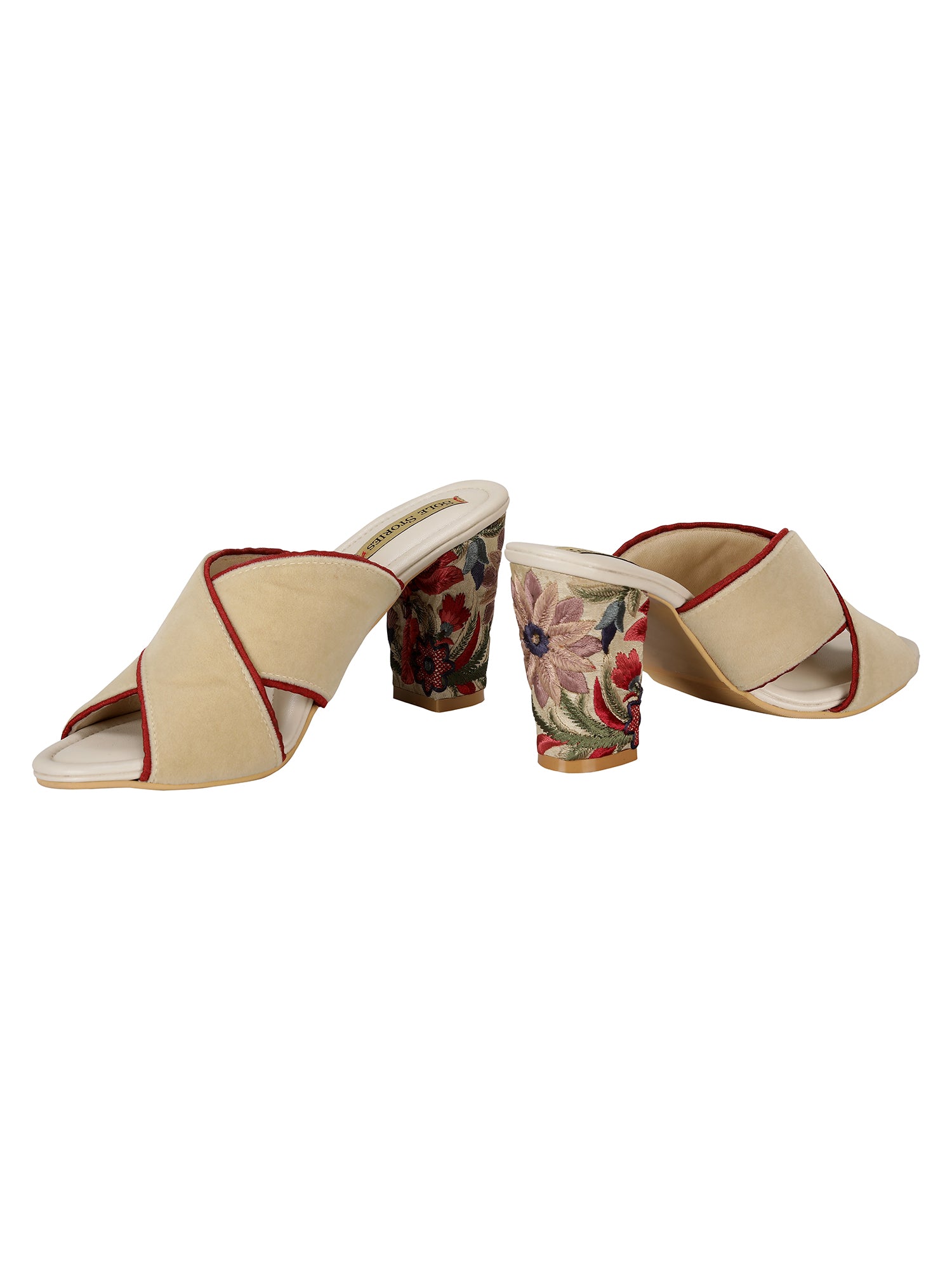 Embroidered Heels-Criss Cross Mules Beige Brown, Faux leather, Festive Wear, Mules, Open Toes, Recycled, Solids Kamakhyaa