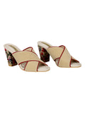 Embroidered Heels-Criss Cross Mules Beige Brown, Faux leather, Festive Wear, Mules, Open Toes, Recycled, Solids Kamakhyaa