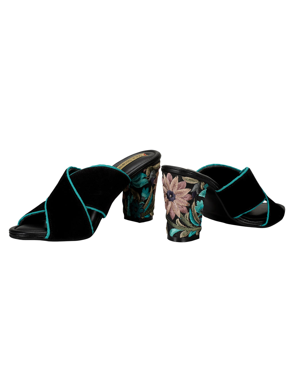 Embroidered Heels-Criss Cross Mules Blue Black, Faux leather, Festive Wear, Mules, Open Toes, Recycled, Solids Kamakhyaa