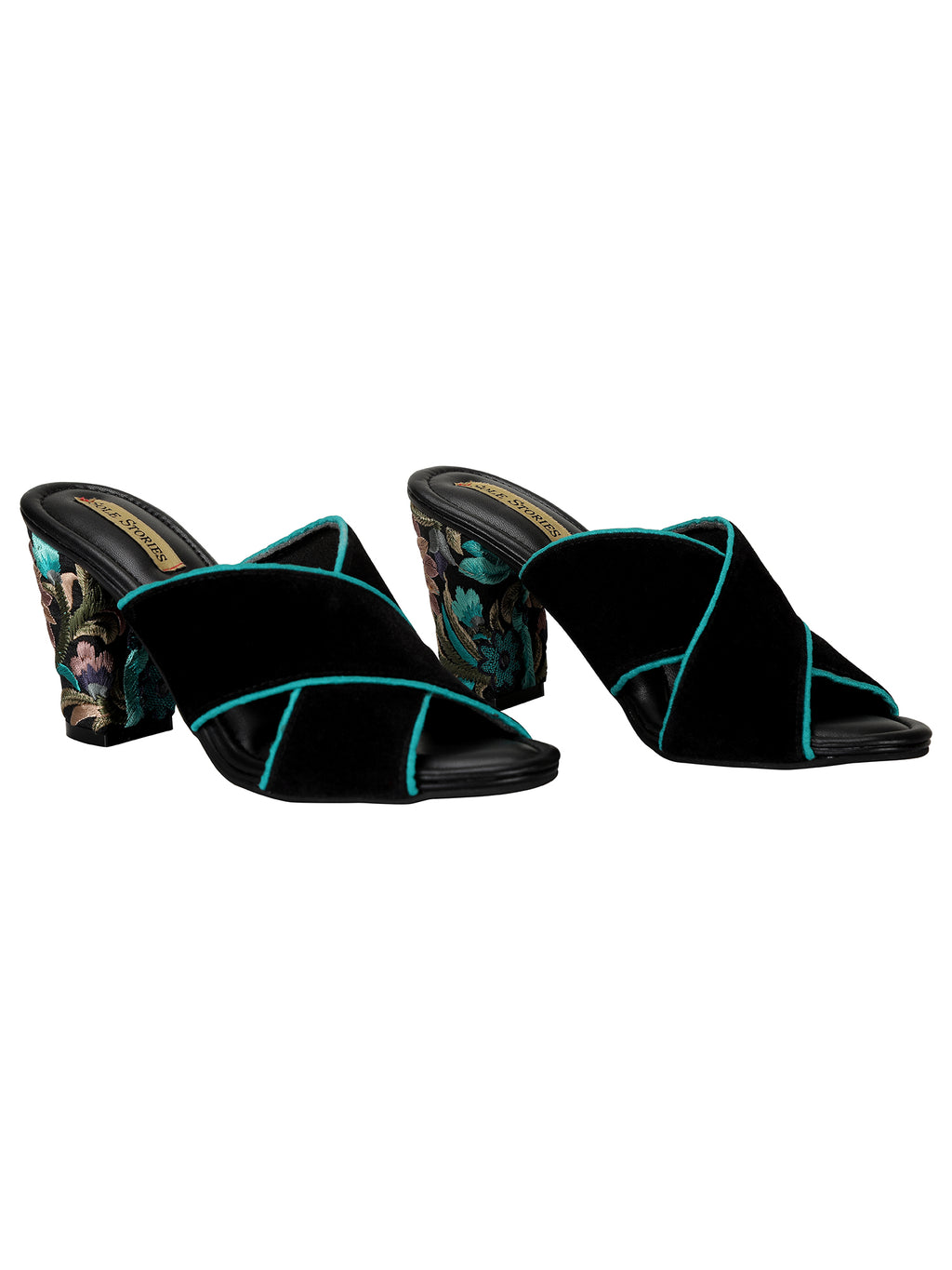 Embroidered Heels-Criss Cross Mules Blue Black, Faux leather, Festive Wear, Mules, Open Toes, Recycled, Solids Kamakhyaa