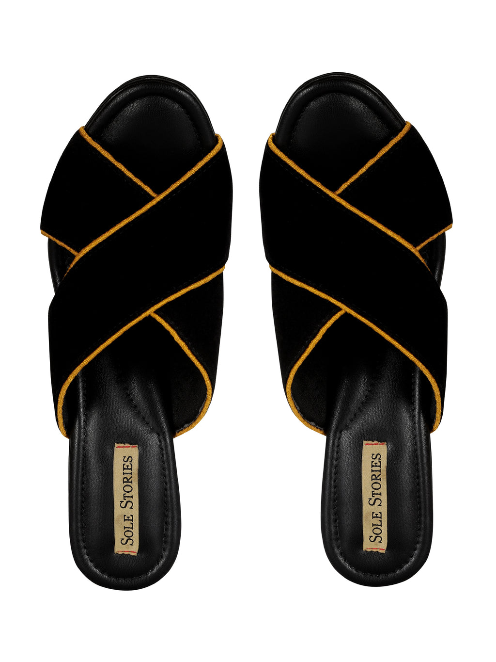 Embroidered Heels-Criss Cross Mules Yellow Black, Faux leather, Festive Wear, Mules, Open Toes, Recycled, Solids Kamakhyaa