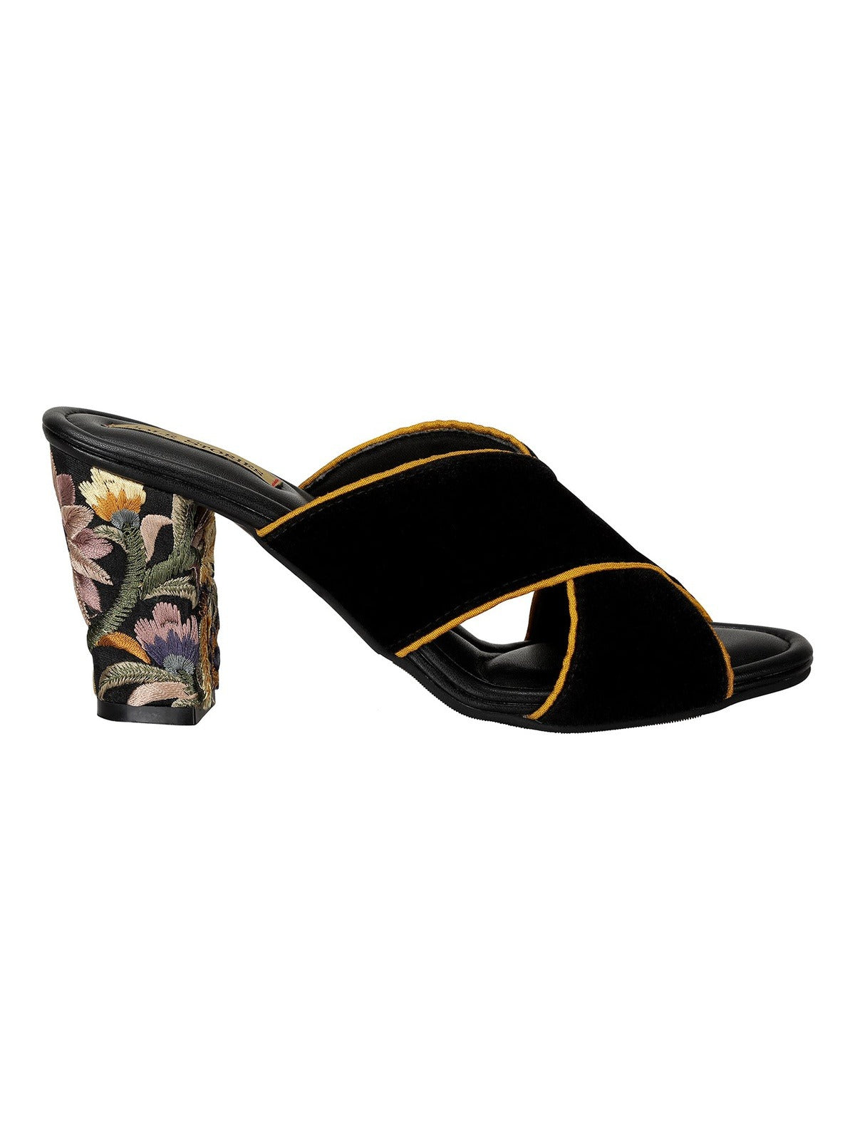 Embroidered Heels-Criss Cross Mules Yellow Black, Faux leather, Festive Wear, Mules, Open Toes, Recycled, Solids Kamakhyaa
