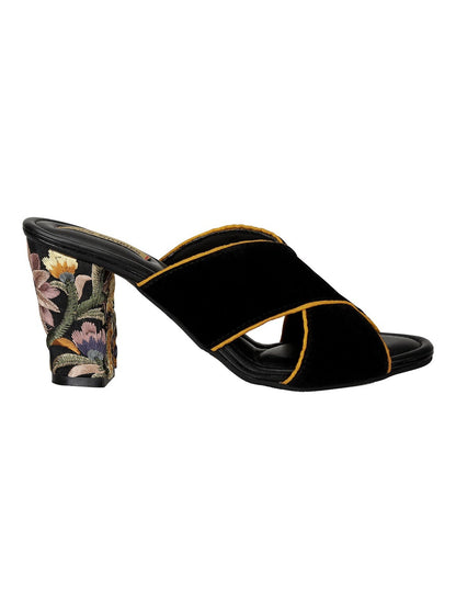 Embroidered Heels-Criss Cross Mules Yellow Black, Faux leather, Festive Wear, Mules, Open Toes, Recycled, Solids Kamakhyaa