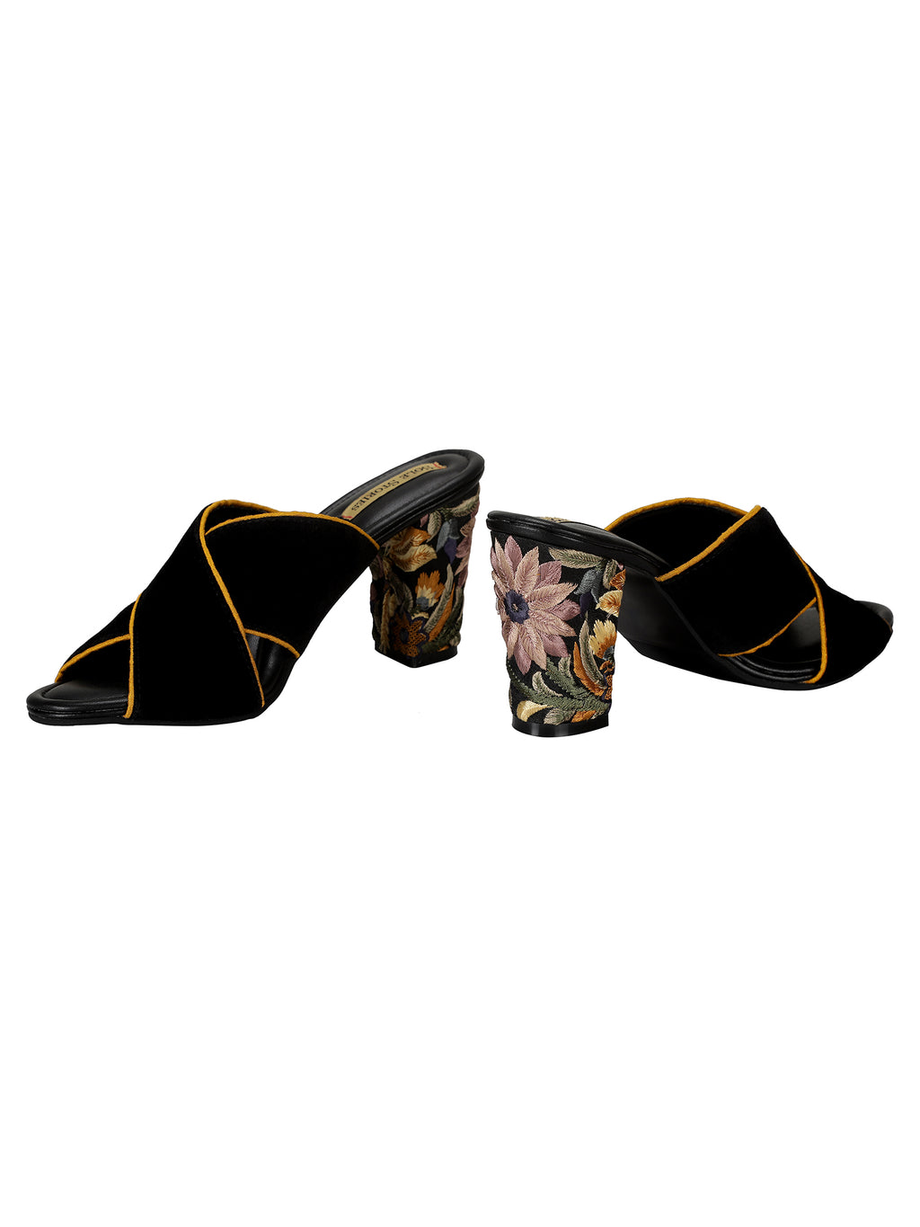 Embroidered Heels-Criss Cross Mules Yellow Black, Faux leather, Festive Wear, Mules, Open Toes, Recycled, Solids Kamakhyaa