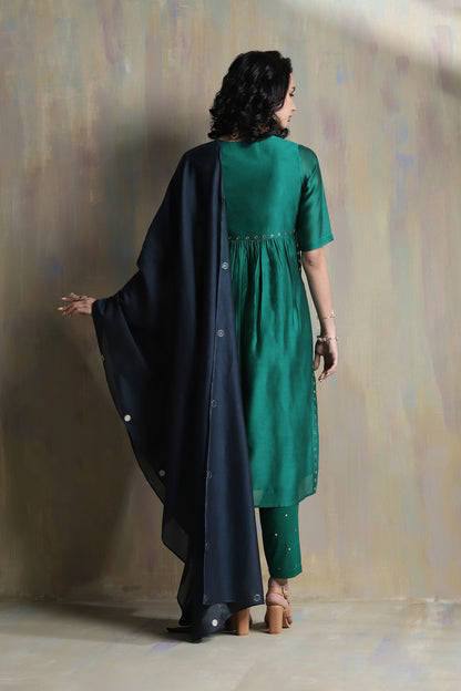 Emerald Green High Slit Kurta Set - Set of 3 at Kamakhyaa by Charkhee. This item is Chanderi, Cotton, Festive Wear, Green, Indian Wear, Kurta Pant Sets, Kurta Set With Dupatta, Natural, Regular Fit, Solids, Womenswear