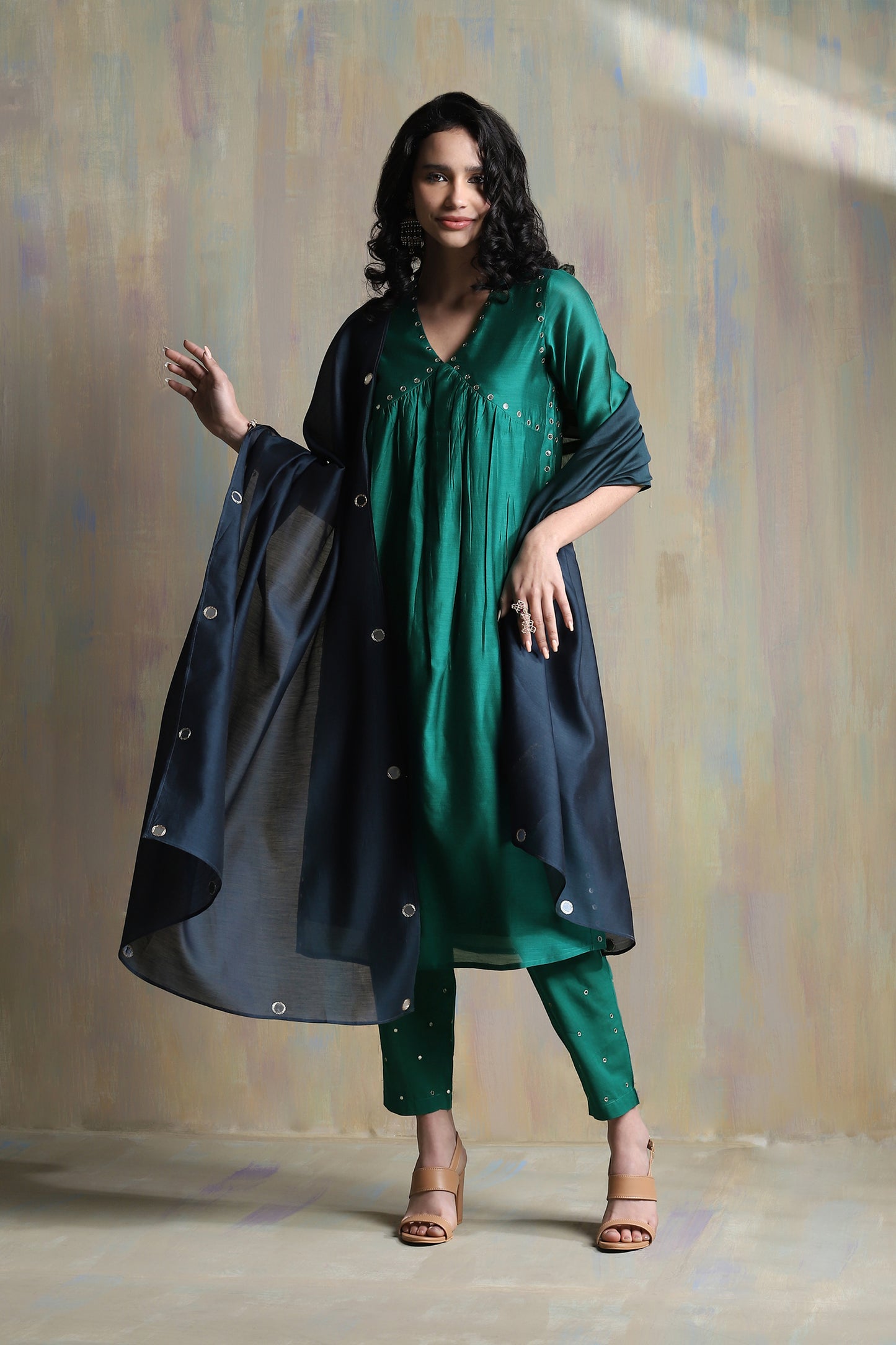 Emerald Green High Slit Kurta Set - Set of 3 at Kamakhyaa by Charkhee. This item is Chanderi, Cotton, Festive Wear, Green, Indian Wear, Kurta Pant Sets, Kurta Set With Dupatta, Natural, Regular Fit, Solids, Womenswear