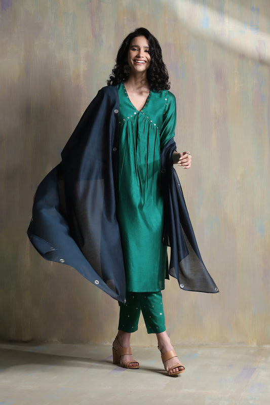 Emerald Green High Slit Kurta Set - Set of 3 at Kamakhyaa by Charkhee. This item is Chanderi, Cotton, Festive Wear, Green, Indian Wear, Kurta Pant Sets, Kurta Set With Dupatta, Natural, Regular Fit, Solids, Womenswear