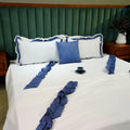 Enriched Frill Bed Cover with Pillow Covers & Cushion/s at Kamakhyaa by Aetherea. This item is 100% Cotton, Bed Covers, Blue, Frills, Home, White