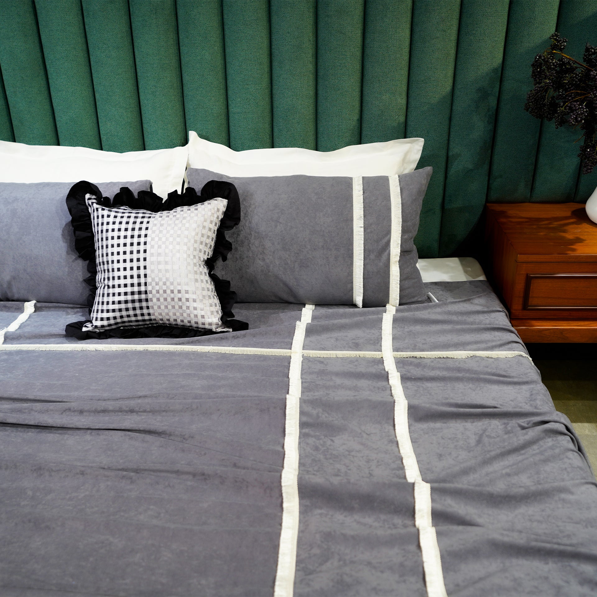 Ethereal Lace Bed Cover with Pillow Covers & Cushion/s at Kamakhyaa by Aetherea. This item is Bed Covers, Black, Cotton, Grey, Home, Lace, Tassels, Upcycled, White