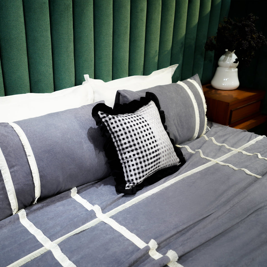 Ethereal Lace Bed Cover with Pillow Covers & Cushion/s at Kamakhyaa by Aetherea. This item is Bed Covers, Black, Cotton, Grey, Home, Lace, Tassels, Upcycled, White