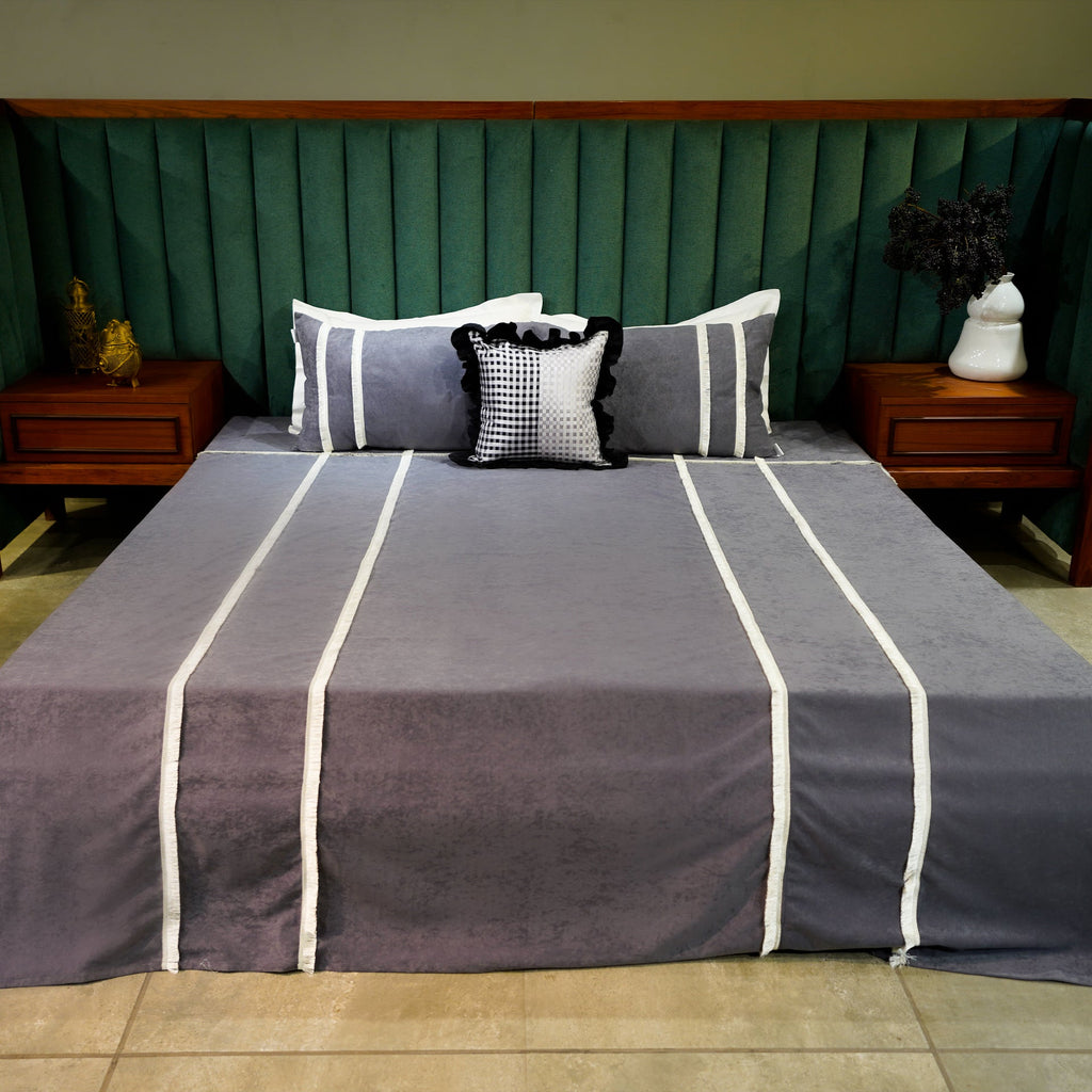 Ethereal Lace Bed Cover with Pillow Covers & Cushion/s at Kamakhyaa by Aetherea. This item is Bed Covers, Black, Cotton, Grey, Home, Lace, Tassels, Upcycled, White