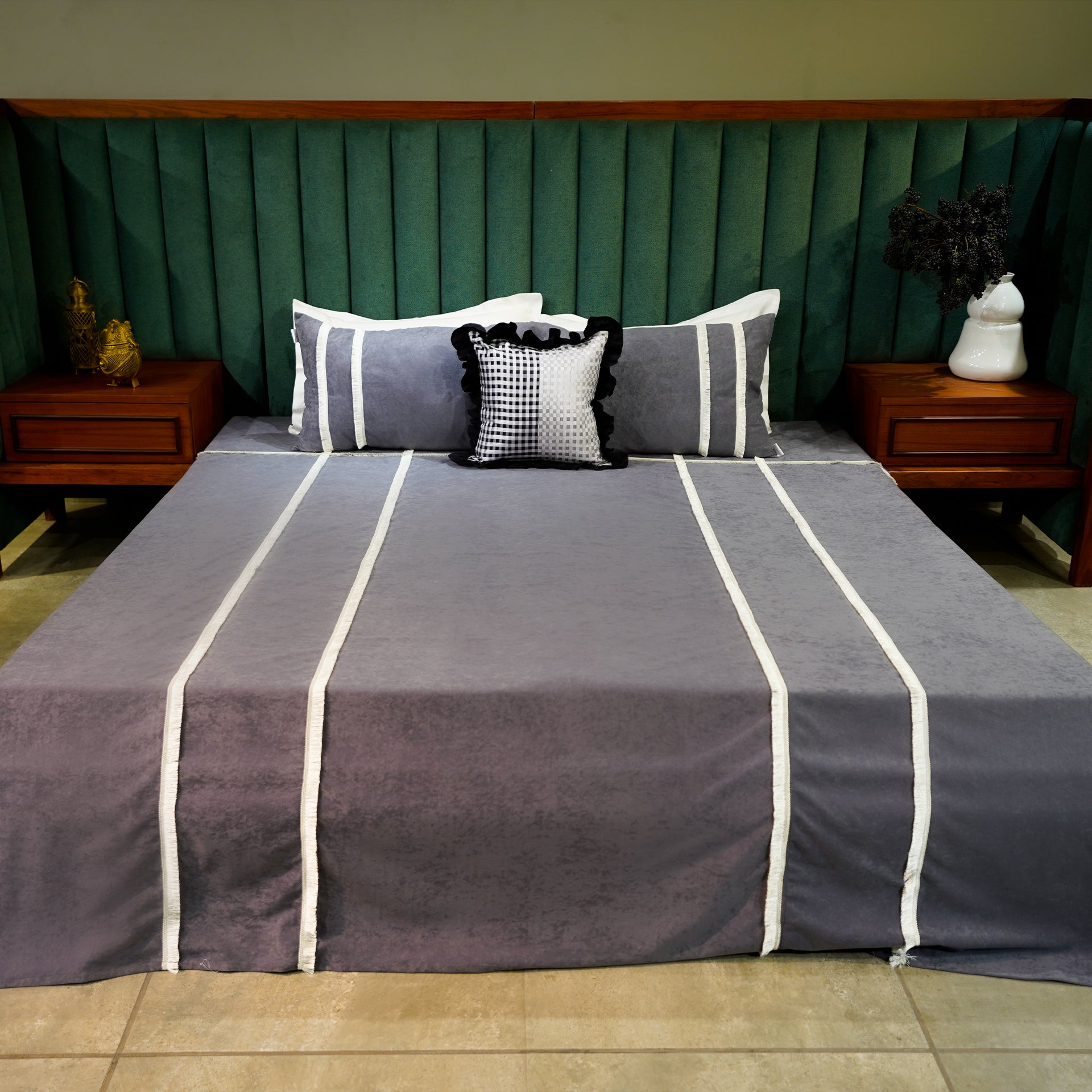 Ethereal Lace Bed Cover with Pillow Covers & Cushion/s at Kamakhyaa by Aetherea. This item is Bed Covers, Black, Cotton, Grey, Home, Lace, Tassels, Upcycled, White