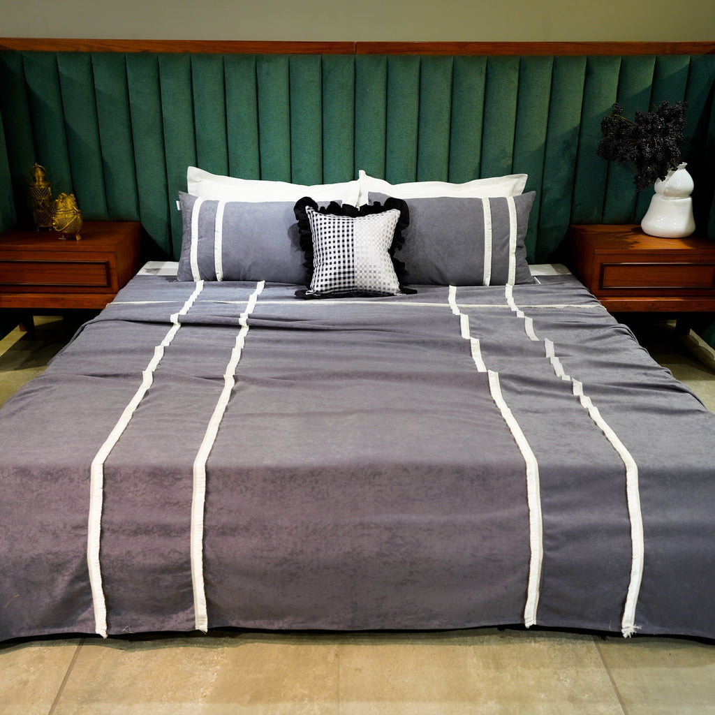 Ethereal Lace Bed Cover with Pillow Covers & Cushion/s at Kamakhyaa by Aetherea. This item is Bed Covers, Black, Cotton, Grey, Home, Lace, Tassels, Upcycled, White