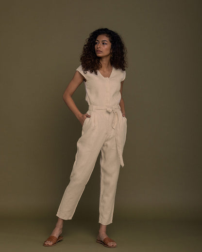 Evening Chai Jumpsuit - Sand Beige at Kamakhyaa by Reistor. This item is Brown, Casual Wear, fall, Hemp, Jumpsuits, Natural, Regular Fit, Solid Selfmade, Solids, Womenswear