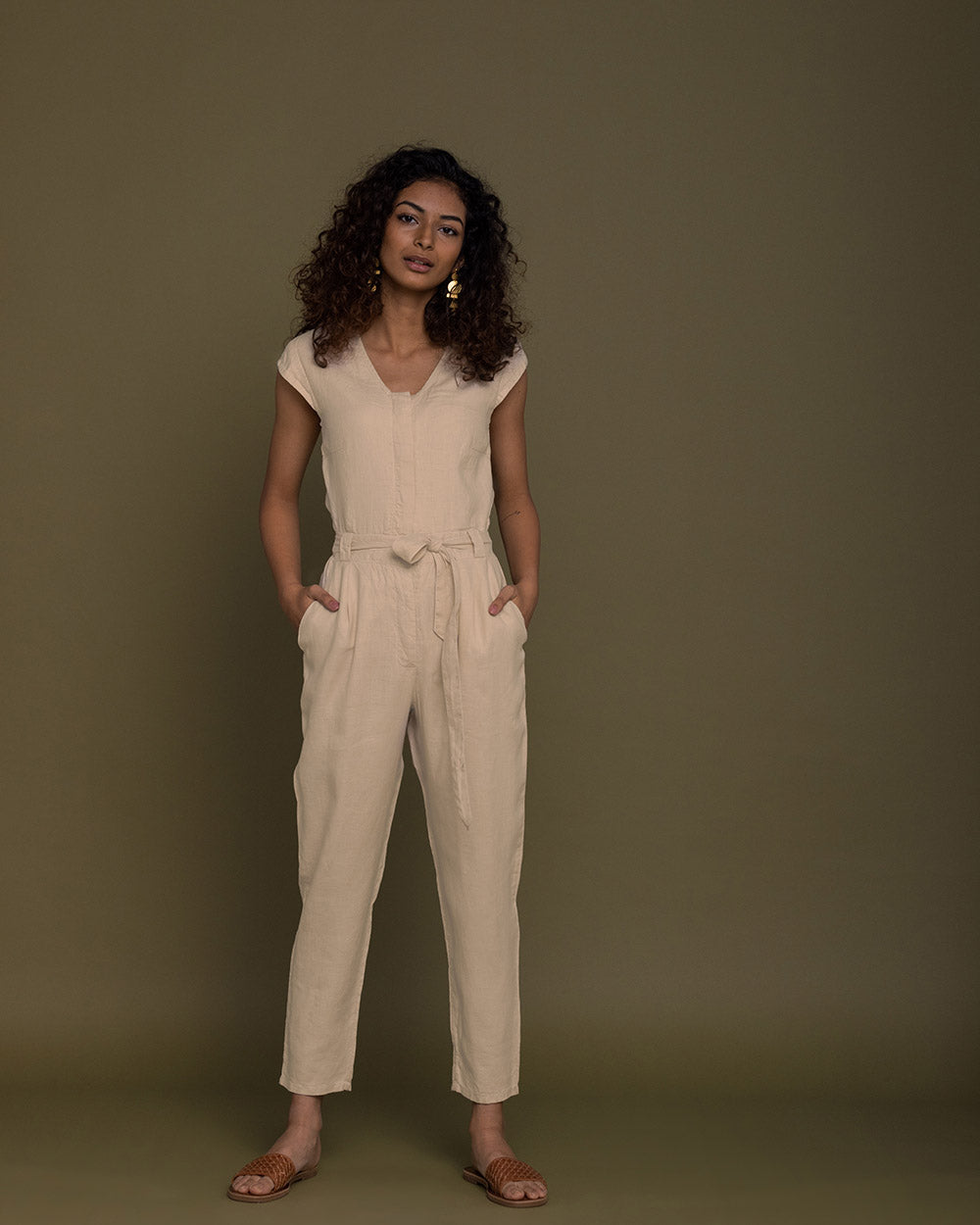 Evening Chai Jumpsuit - Sand Beige at Kamakhyaa by Reistor. This item is Brown, Casual Wear, fall, Hemp, Jumpsuits, Natural, Regular Fit, Solid Selfmade, Solids, Womenswear