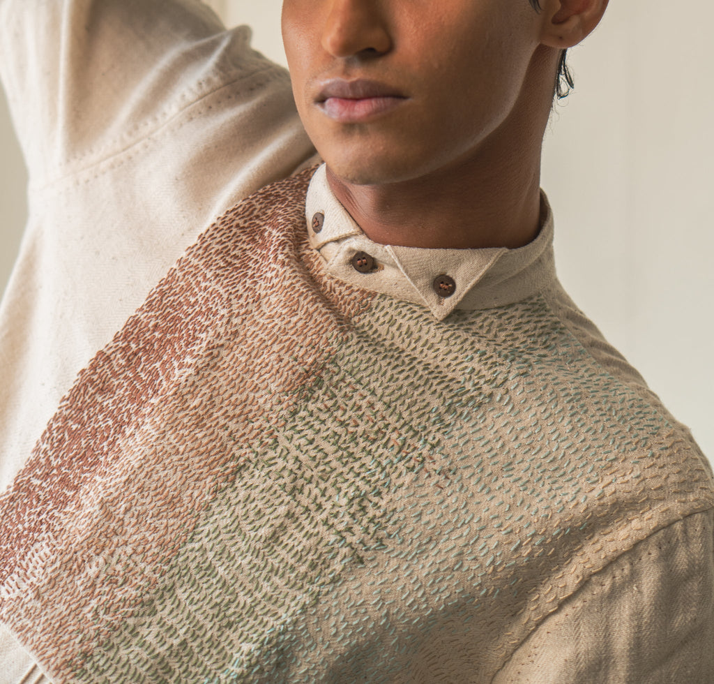 Extra Flap Shirt at Kamakhyaa by Lafaani. This item is 100% pure cotton, Casual Wear, Embroidered, Kora, Materiality, Menswear, Natural with azo free dyes, Organic, Regular Fit, Shirts, Solids, Tops, Undyed and Unbleached