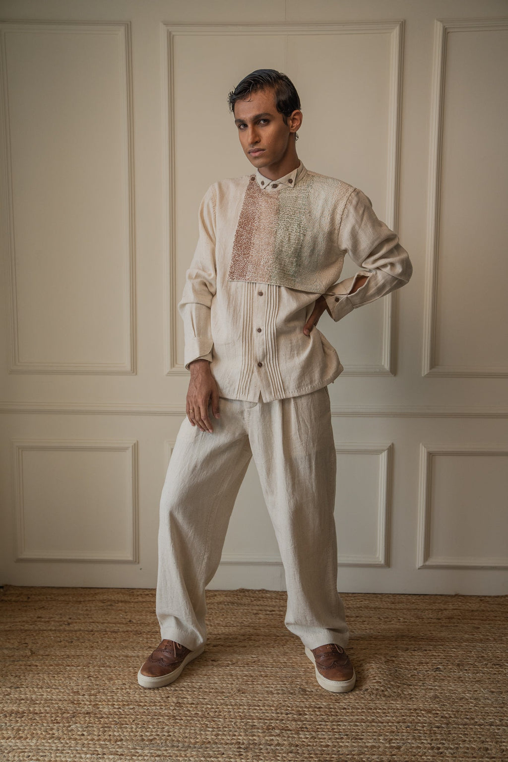 Extra Flap Shirt at Kamakhyaa by Lafaani. This item is 100% pure cotton, Casual Wear, Embroidered, Kora, Materiality, Menswear, Natural with azo free dyes, Organic, Regular Fit, Shirts, Solids, Tops, Undyed and Unbleached