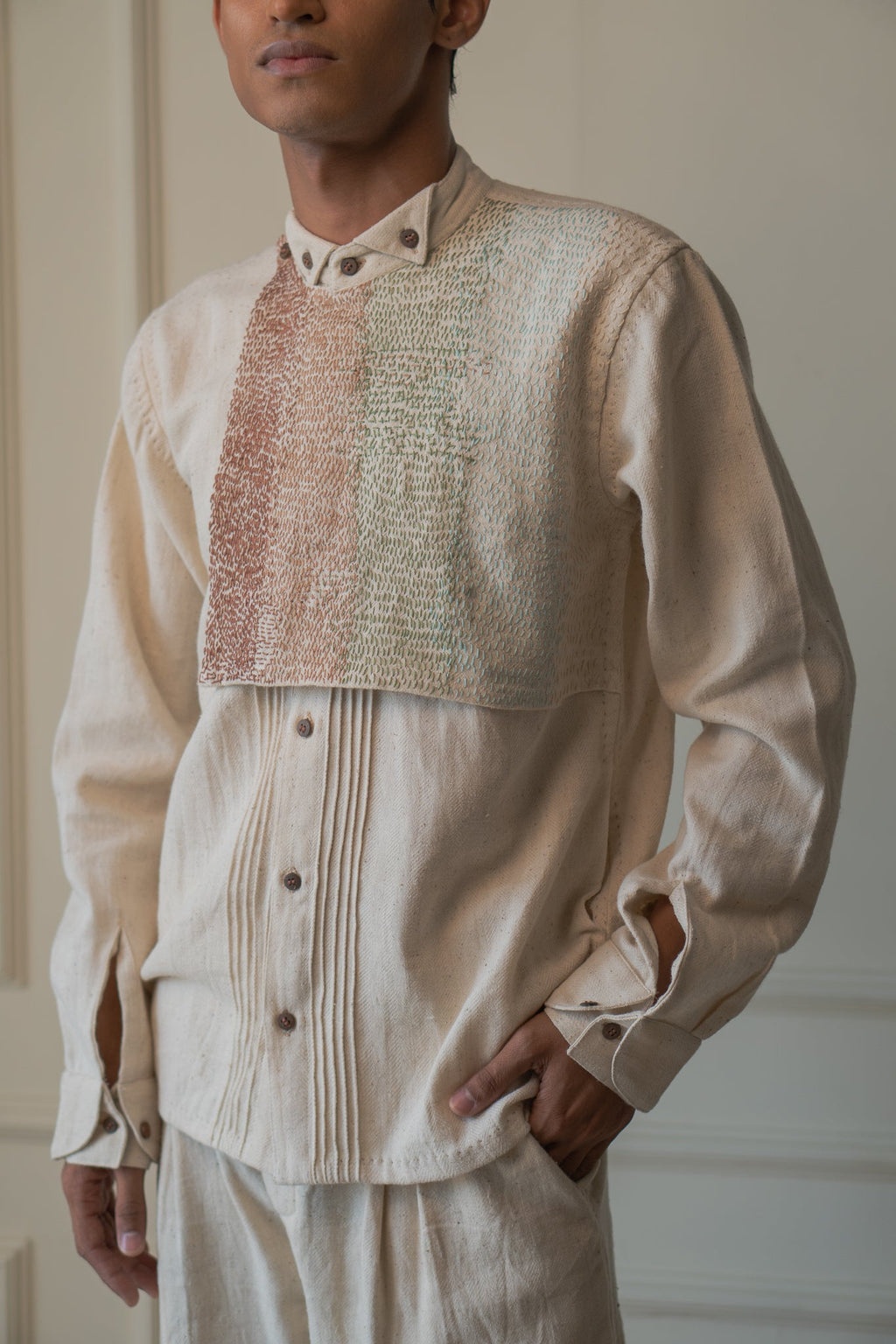 Extra Flap Shirt at Kamakhyaa by Lafaani. This item is 100% pure cotton, Casual Wear, Embroidered, Kora, Materiality, Menswear, Natural with azo free dyes, Organic, Regular Fit, Shirts, Solids, Tops, Undyed and Unbleached