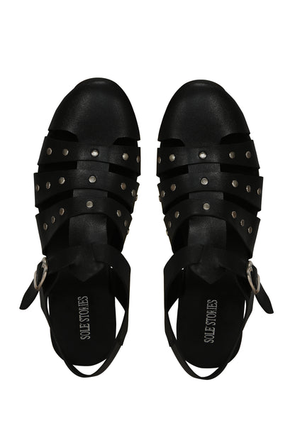 Fishermen Sandals in Black Basics Edit- Chapter II, Black, Faux Leather, Flats, Handcrafted, Relaxed Fit, Solids, Vegan Kamakhyaa