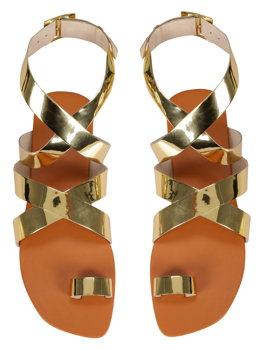 Flats-Criss Cross Metallic Gold Ankle Loop, Casual Wear, Faux leather, Flats, Gold, Recycled, Solids Kamakhyaa