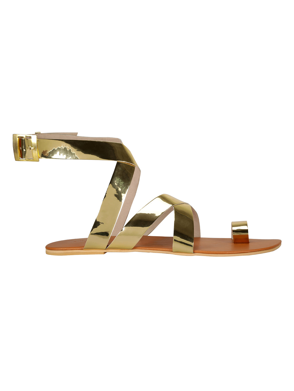 Flats-Criss Cross Metallic Gold Ankle Loop, Casual Wear, Faux leather, Flats, Gold, Recycled, Solids Kamakhyaa