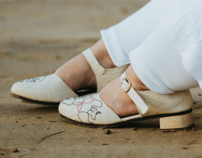 Flats-Natural Mary Janes Ballerinas, Casual Wear, Embroidered, Faux Leather, Pineapple Leaf Fibre, Round Toes, Solids, Upcycled, Vegan, White Kamakhyaa