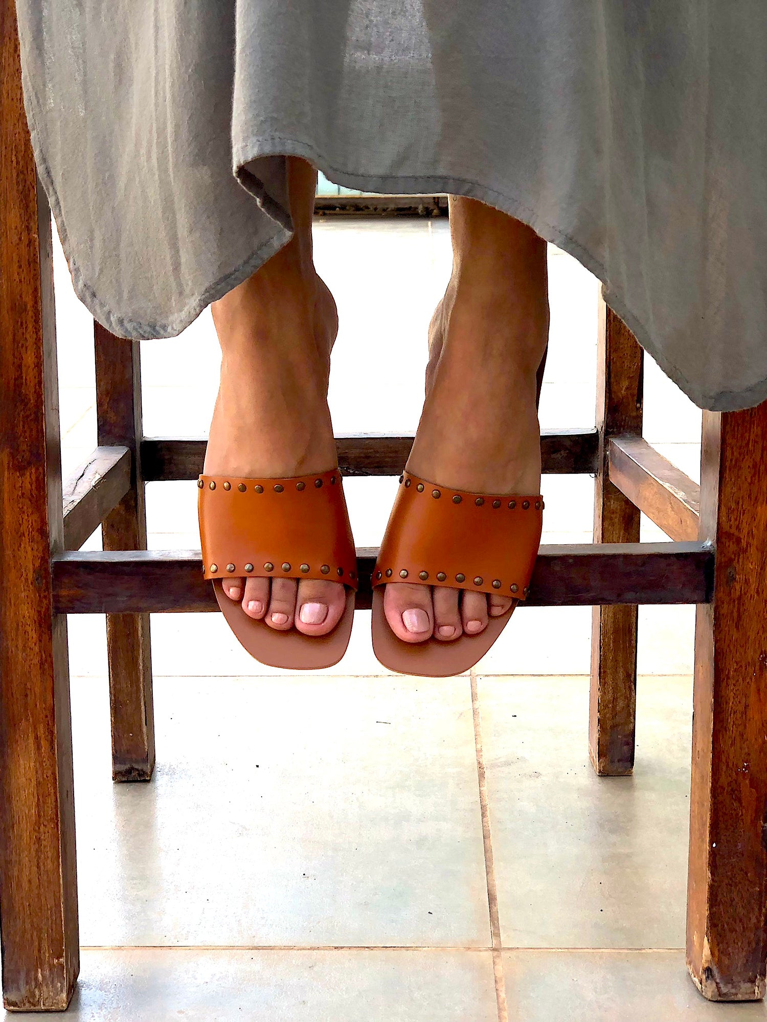 Flats-Rivet Sliders Tan Brown, Casual Wear, Faux Leather, Flats, Mules, Open Toes, Slip Ons, Solids, Upcycled, Vegan Kamakhyaa