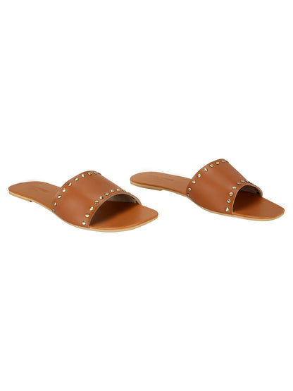 Flats-Rivet Sliders Tan Brown, Casual Wear, Faux Leather, Flats, Mules, Open Toes, Slip Ons, Solids, Upcycled, Vegan Kamakhyaa