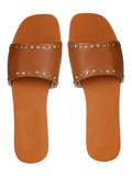 Flats-Rivet Sliders Tan Brown, Casual Wear, Faux Leather, Flats, Mules, Open Toes, Slip Ons, Solids, Upcycled, Vegan Kamakhyaa