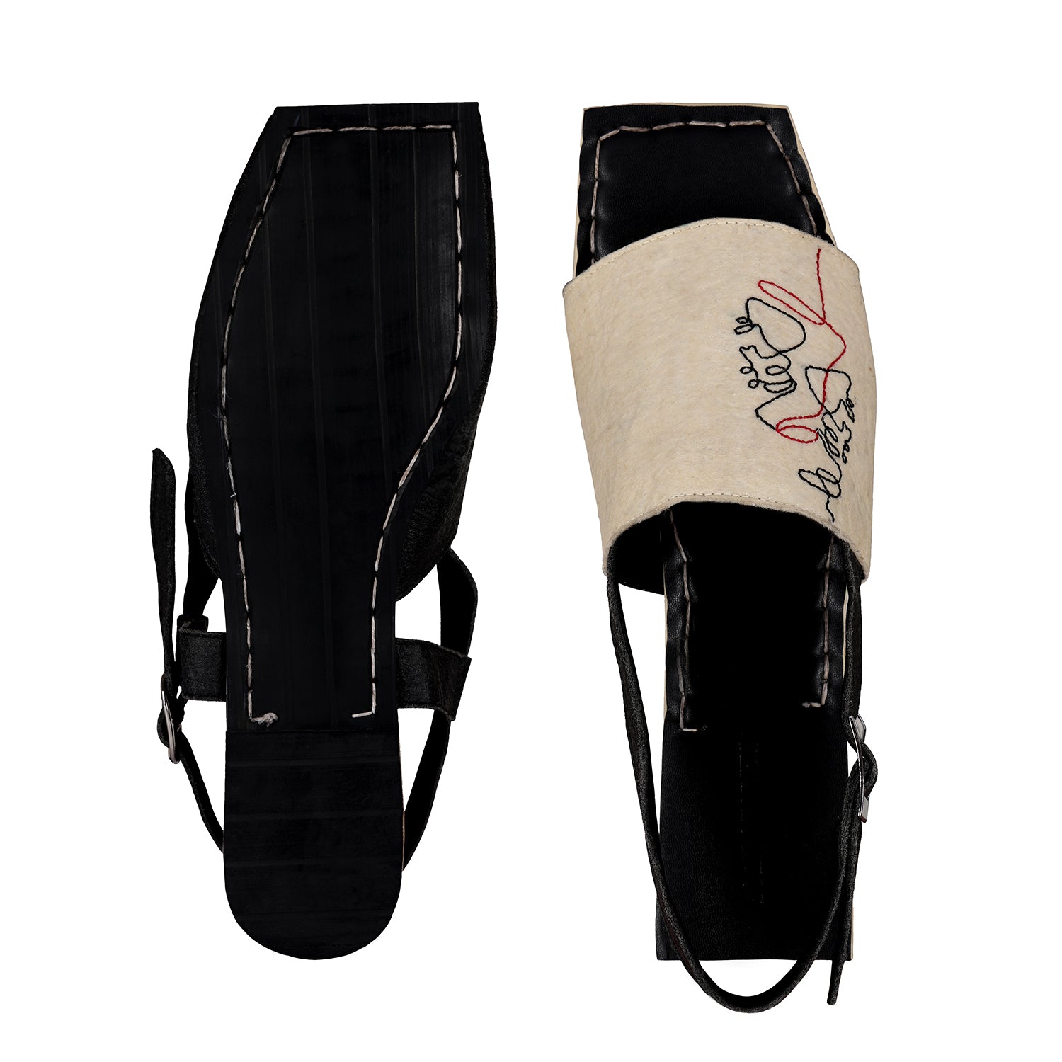 Flats-Yang Backstraps Casual Wear, Embroidered, Faux Leather, Flats, Pineapple Leaf Fibre, Recycled, Slip Ons, Square toe, Upcycled, Upcycled Rubber Tyres, Vegan, White Kamakhyaa